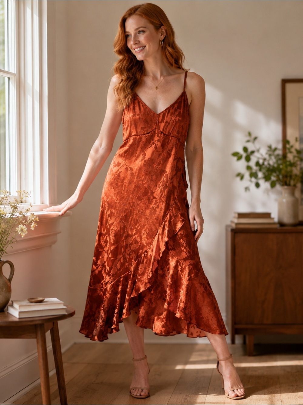 Saltwater LUXE Rich Copper Glow Satin Midi Dress L Perfect 4 Sunset Happy Hours🍹